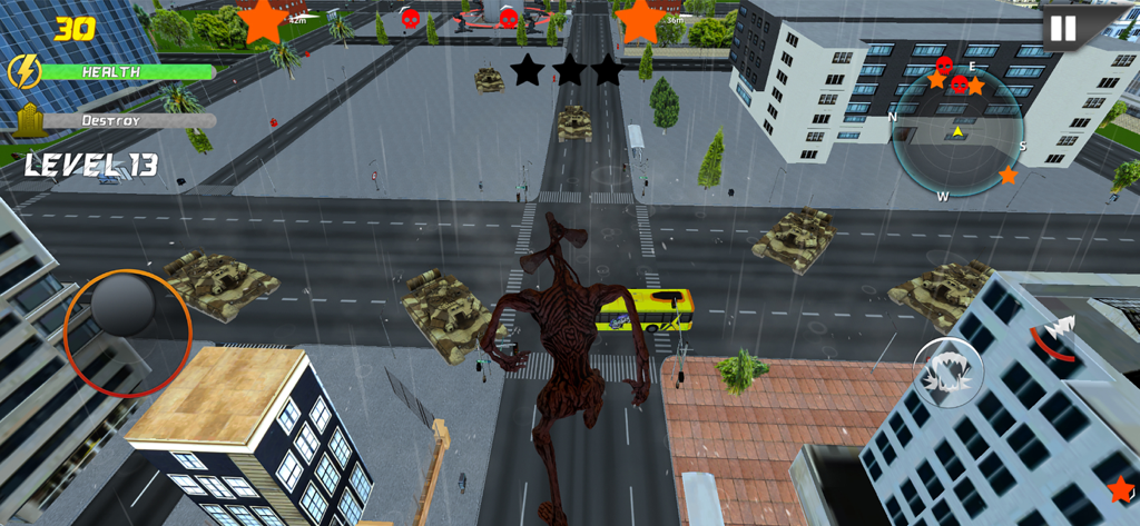 A giant monster walks down a city street surrounded by military tanks in the Monster Gorilla Rampage mobile game