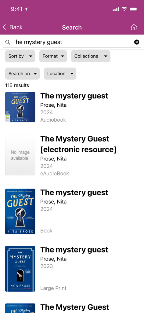 A search results page in the Stonnington Libraries app showing multiple formats for the book The Mystery Guest by Nita Prose.