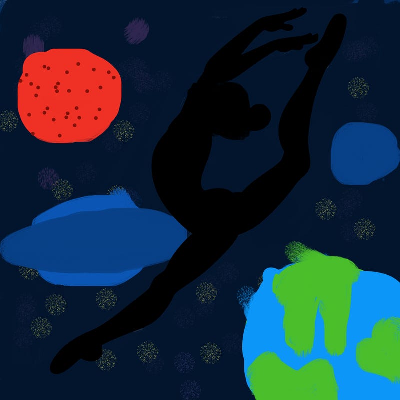 gymnast doing a leap in a leotard with a bent back leg