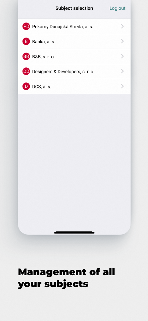 KB SKyline - KB SKyline app screen for selecting and managing multiple corporate business subjects