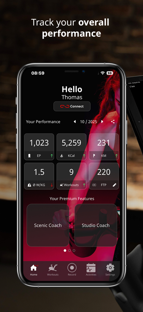 ICG Training - Pantalla de inicio de la aplicación ICG Training que muestra métricas de rendimiento personal, incluyendo calorías, distancia y datos de potencia