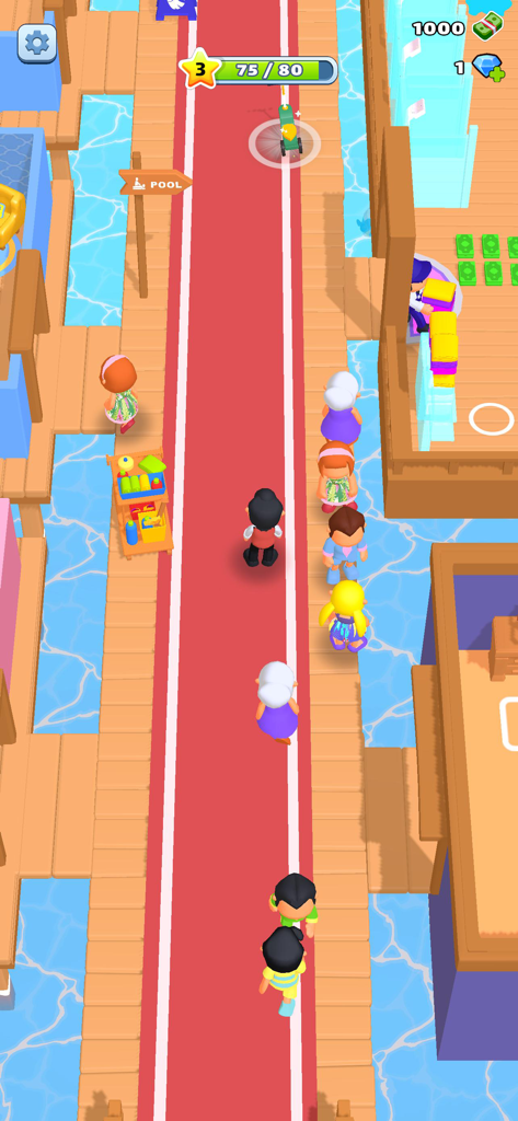 My Beach Resort! - Jugabilidad de Mi Resort de Playa mostrando a un personaje gestionando huéspedes en un muelle de alfombra roja en un entorno tropical.