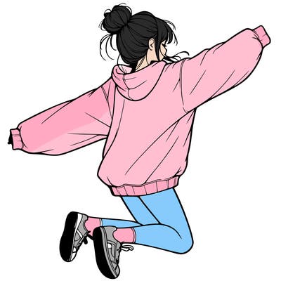 realistic girl jumping with a bun and oversized sweatshirt