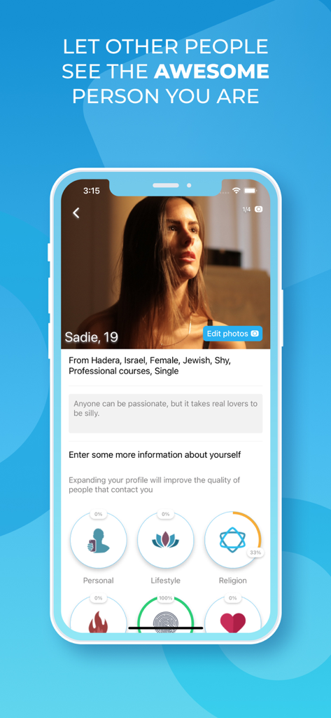 User profile interface on the Fiix dating app showing personal information and lifestyle interests