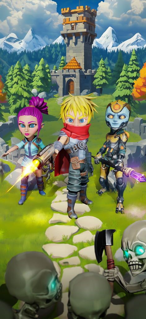 Guns vs Magic - Battle RPG - シルヴィウスを含む3人のヒーローが、スケルトンの敵に立ち向かいながら、活気のあるファンタジーの風景の中に立っている。