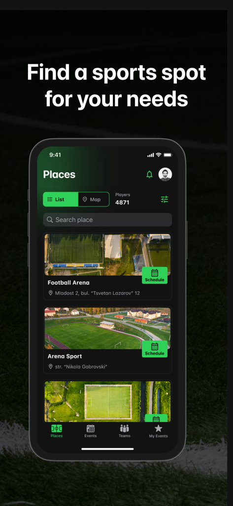 SportsBooking - SportsBooking mobile app interface showing a list of sports fields and arenas available for booking