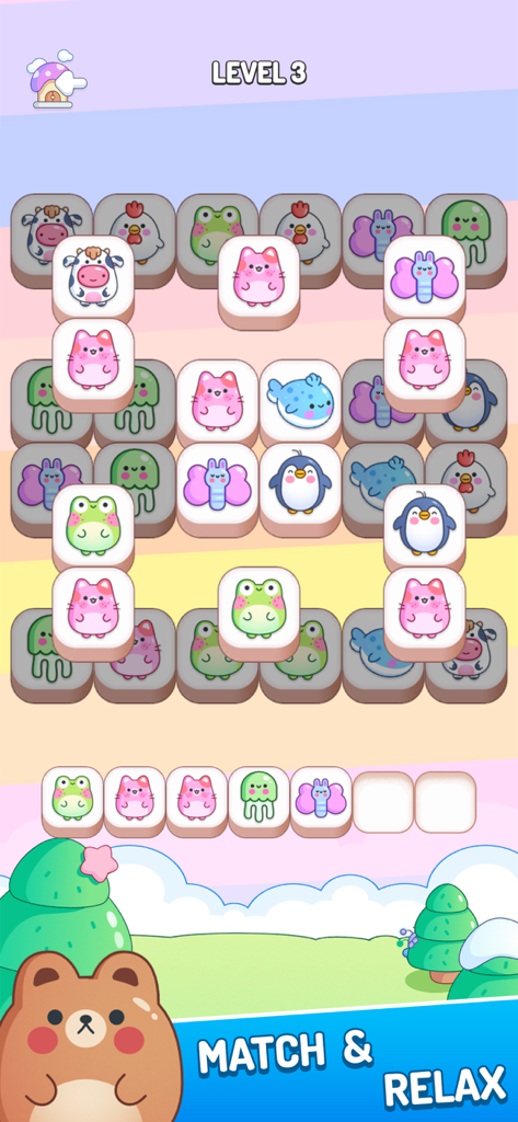 Kawaii Cute Puzzle Games - Gameplay screenshot of Kawaii Cute Puzzle Games featuring adorable animal tiles and a match and relax theme