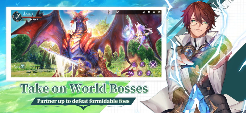 Jugadores uniéndose para derrotar a un jefe mundial dragón gigante en el MMORPG de anime Aura Kingdom 2 Evolution