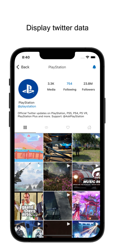 FetcherX Bookmarks - FetcherX Bookmarks app displaying a Twitter profile media grid on a smartphone.
