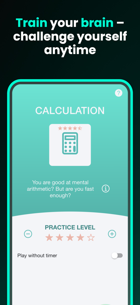 LOGIC Duel: Math Games - LOGIC Duel app screen for mental arithmetic calculation practice with adjustable difficulty levels.