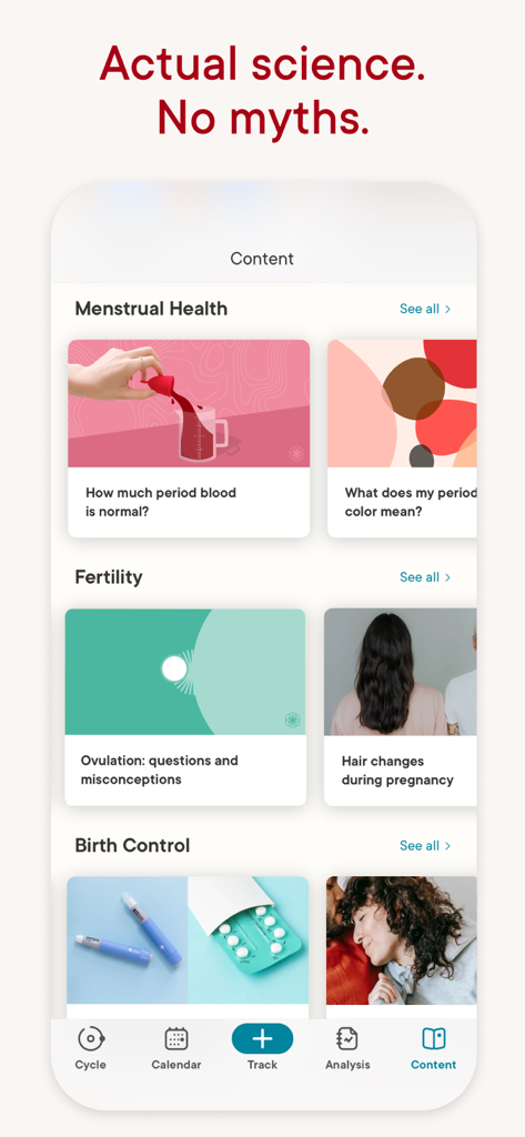 Uma captura de tela da seção de conteúdo do aplicativo Clue apresentando artigos com base científica sobre saúde menstrual, fertilidade e controle de natalidade.