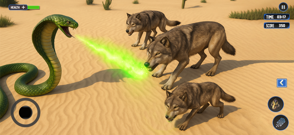 Wild Life Snake Simulator - A green cobra spitting venom at a pack of wolves in a desert environment