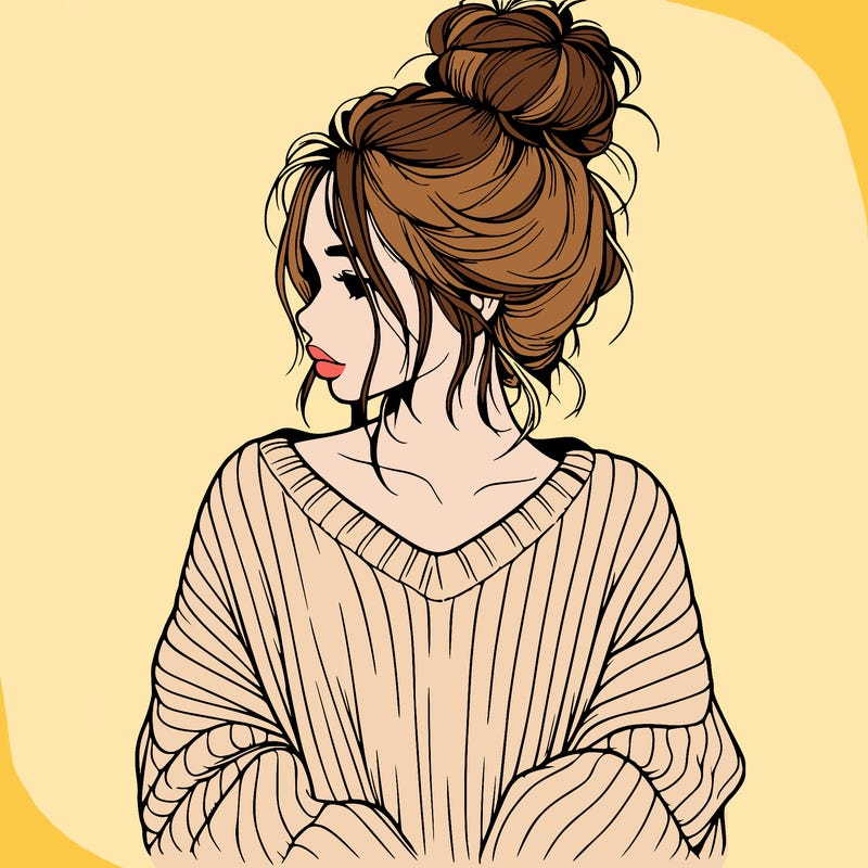 realistic girl wearing a messy bun and an oversized sweater