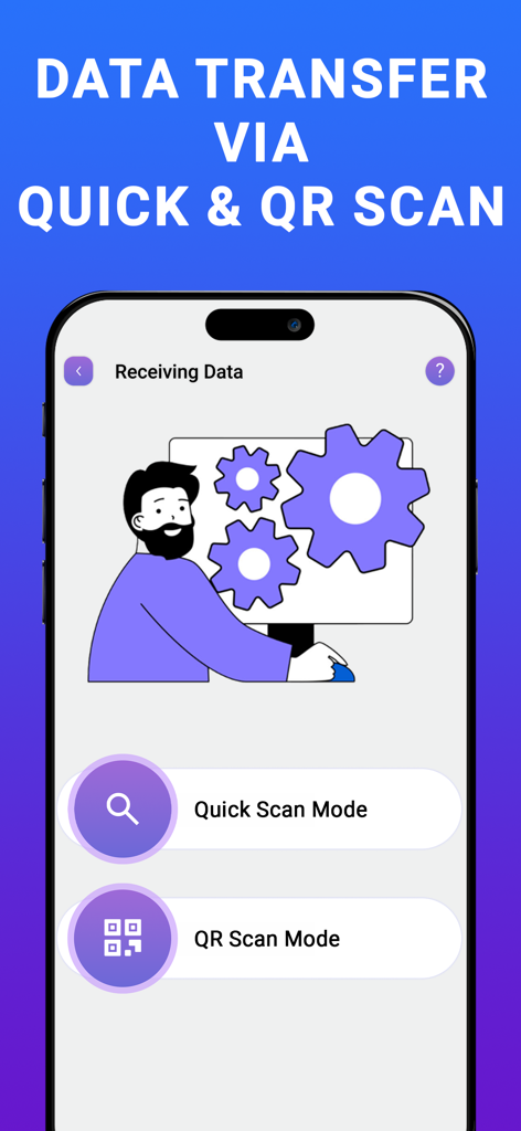 Smart Switch: Copy my data - Quick Scan 및 QR Scan Mode를 포함한 데이터 전송 옵션을 보여주는 Smart Switch 앱