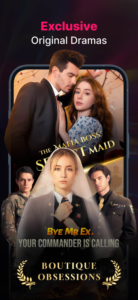 DreameShort - Drama TV - DreameShort App-Bildschirm mit Werbeplakaten für exklusive originale Kurz-Drama-Serien wie The Mafia Boss's Secret Maid.