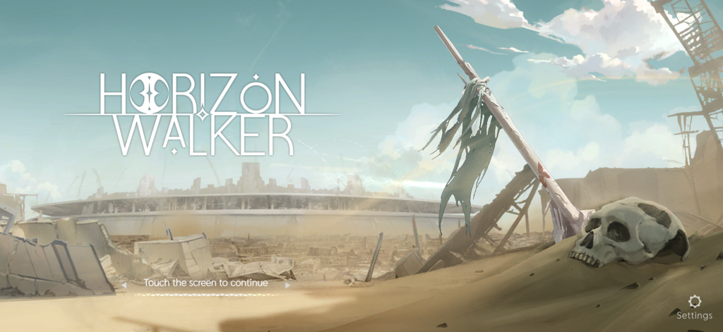 Horizon Walker - Startbildschirm von Horizon Walker, der eine zerstörte Stadt in einer Wüstenlandschaft mit einem Totenkopf im Vordergrund zeigt