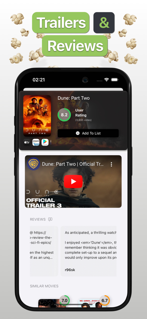 Movie Diary app interface showing movie trailers and user reviews for Dune Part Two