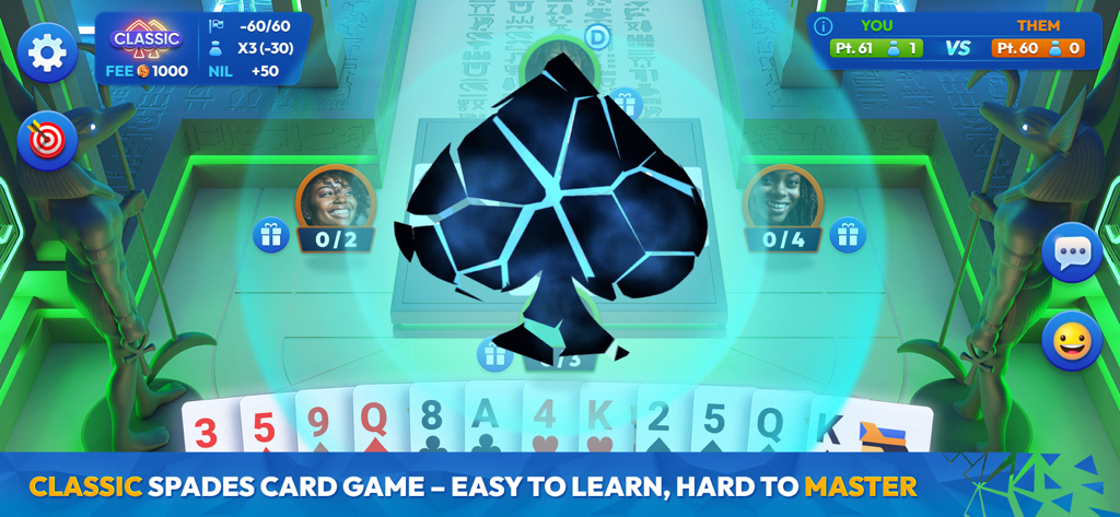 Gameplay of Spades Masters mobile card game showing a match with an Egyptian theme