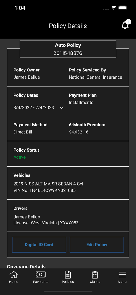 National General - Policy Details screen in the National General app showing auto insurance coverage, vehicle information, and policy status