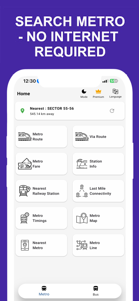 Home screen of the Delhi Metro app displaying offline route and fare options