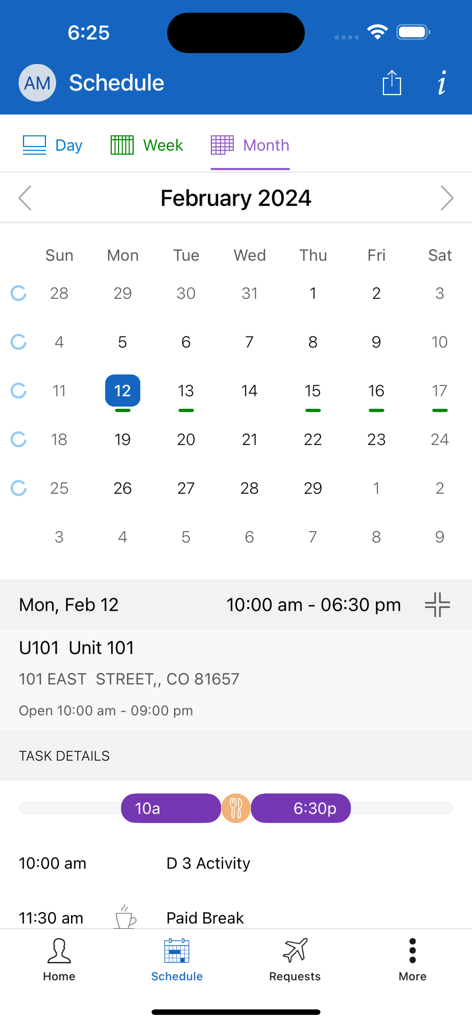 ESS 45 Zebra - The ESS 45 Zebra mobile app schedule screen showing a monthly calendar and detailed shift information including hours and location