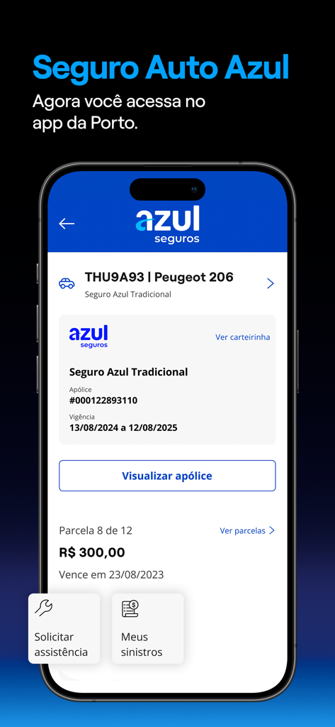 Porto: Conta Digital e Seguros - Mobile screen showing Porto app car insurance policy details and payment status for Azul Seguros
