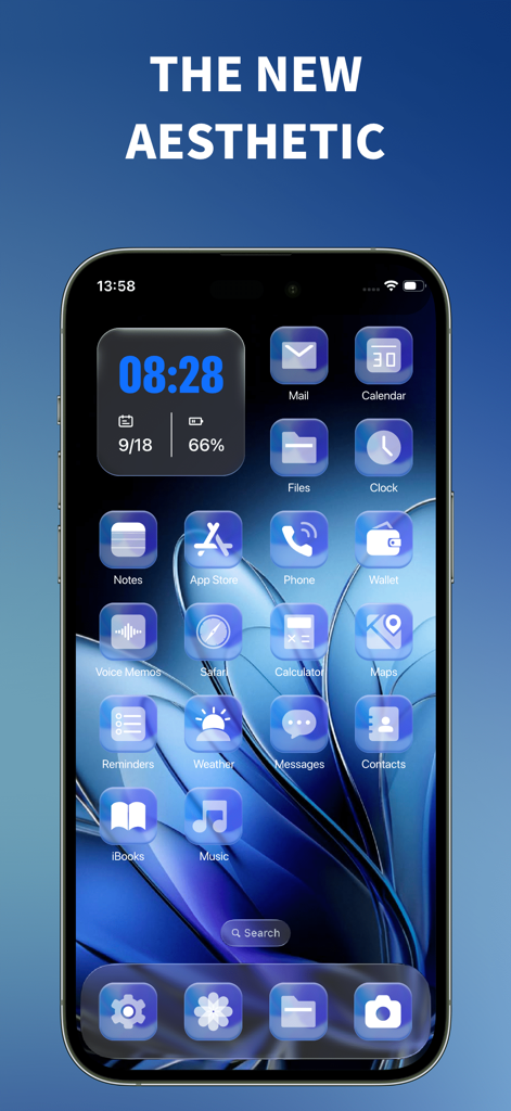Liquid Theme - 26 Wallpapers - iPhone-Startbildschirm mit futuristischen blauen Liquid-Glas-Icons und einer Uhr-Widget