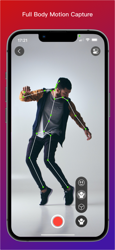 Moves by Maxon - iPhone screen displaying full body motion capture with a 3D skeleton overlay on a person