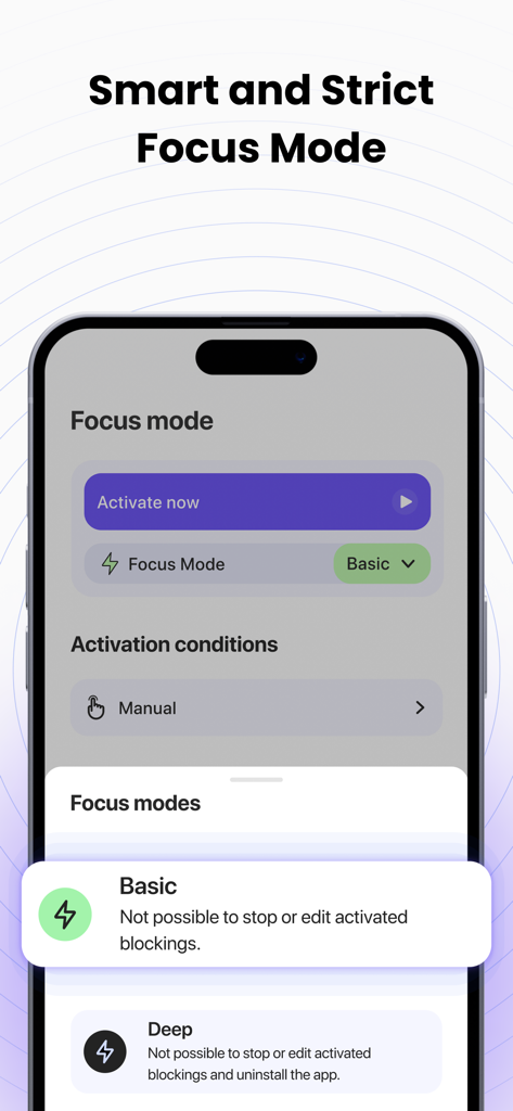 Screen Time Limit: App Blocker - Smartphone screen showing strict Focus Mode settings with Basic and Deep blocking options.