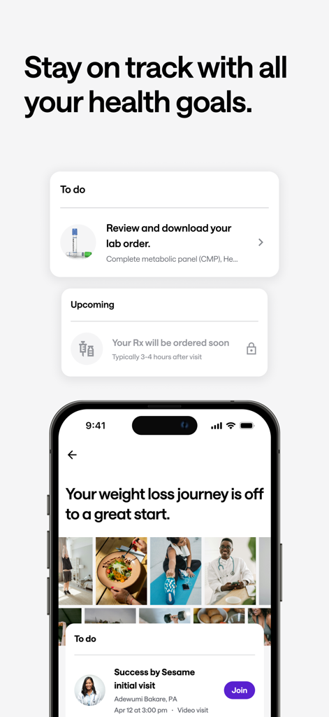 Sesame: Telehealth Care & More - Sesame app interface for managing health goals, lab orders, and weight loss progress.