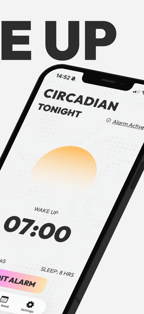 Circadian Alarm: Wake Up Early - Circadian Alarm app screen showing a 7 AM wake up time and 8 hours of sleep.
