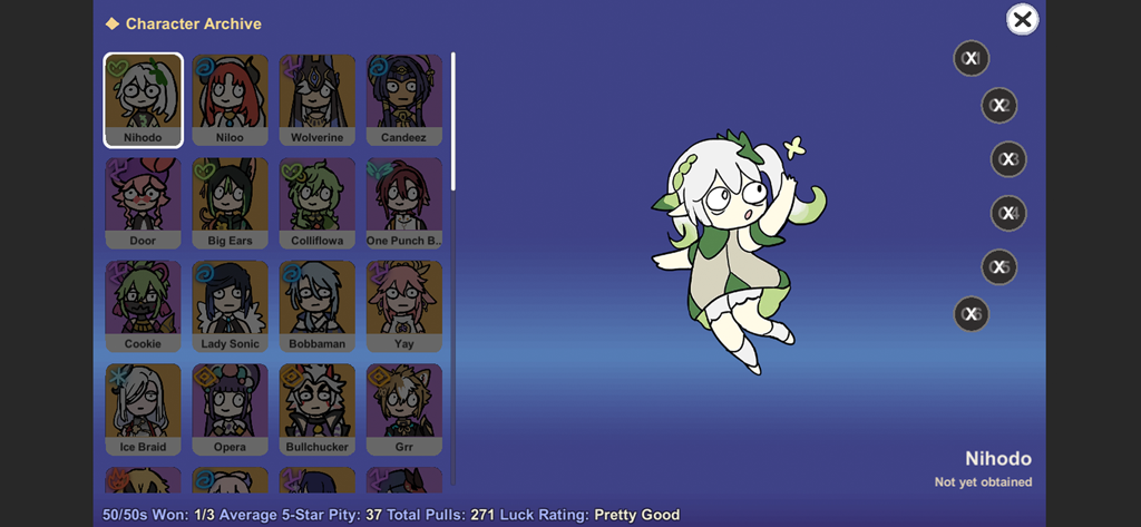 Silly Wisher - Silly Wisher app character archive screen with parody character Nihodo and meme art portraits.