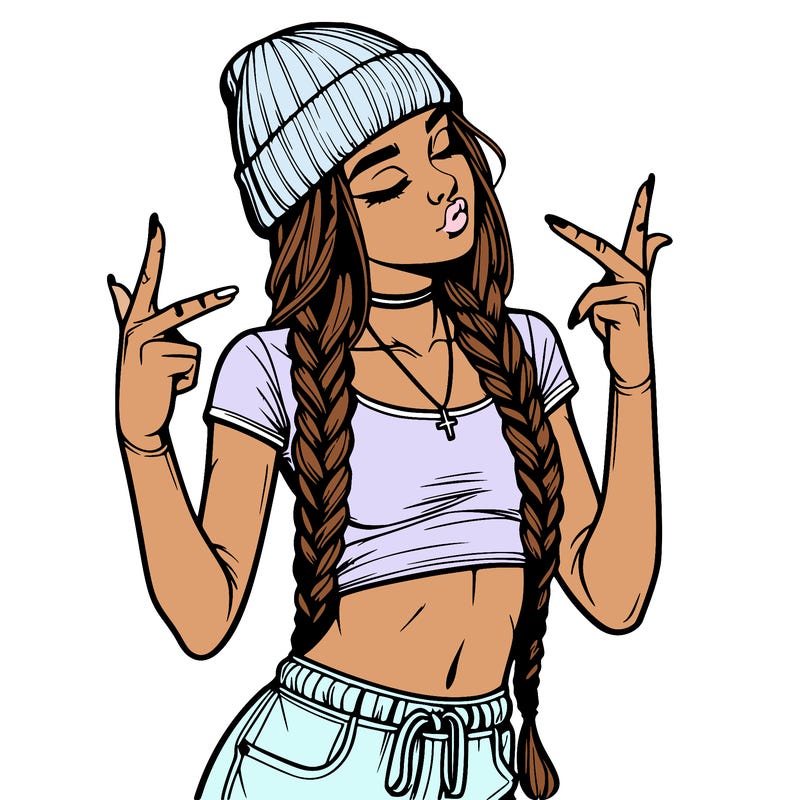 realistic teenage girl with braids and a beanie and crop top doing 🫶🏼