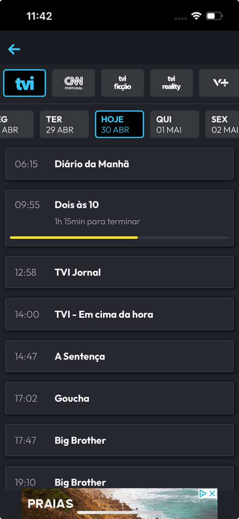 TVI Player app showing the daily television programming schedule and channel selection.