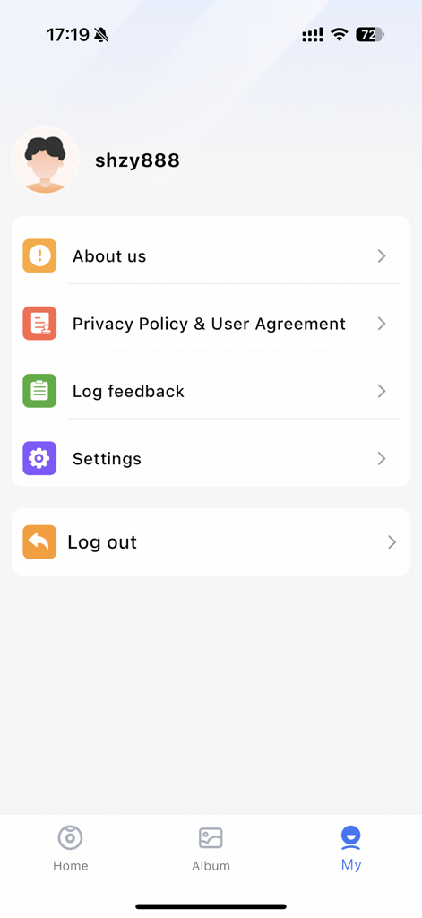 Z-IOT CAM - Página de configuración de cuenta y perfil de usuario dentro de la aplicación Z-IOT CAM.