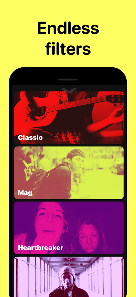 Tinge - Glow Cam - Captura de tela da interface do aplicativo Tinge exibindo uma lista de filtros artísticos duotono como Classic Mag e Heartbreaker