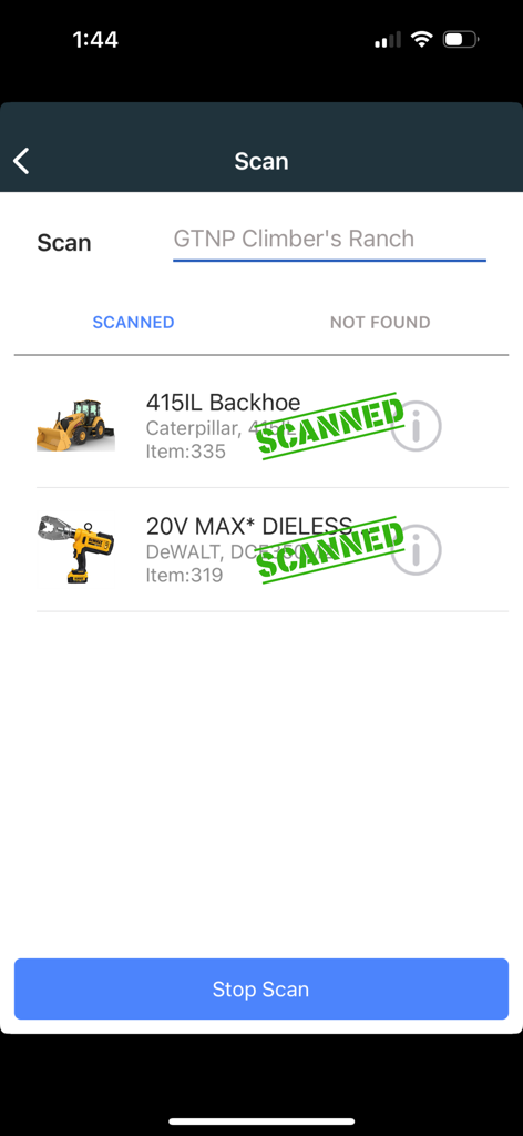ToolWatch - Interface of ToolWatch app showing scanned construction equipment inventory