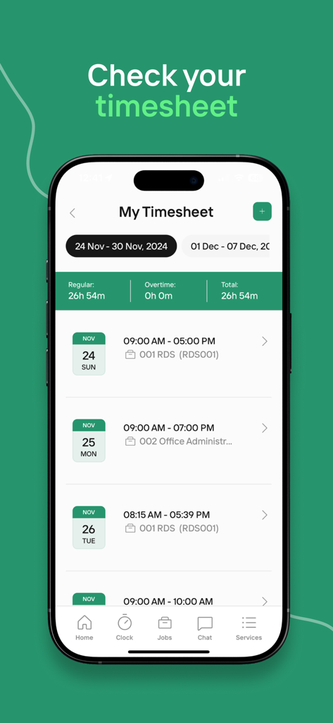 Tela de smartphone mostrando uma planilha de horas semanal com horas de trabalho diárias e tempo total calculado.