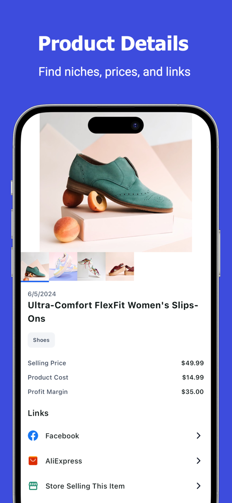 Dropshipping+ - A mobile interface showing detailed product analysis for a pair of shoes including cost price and profit margin
