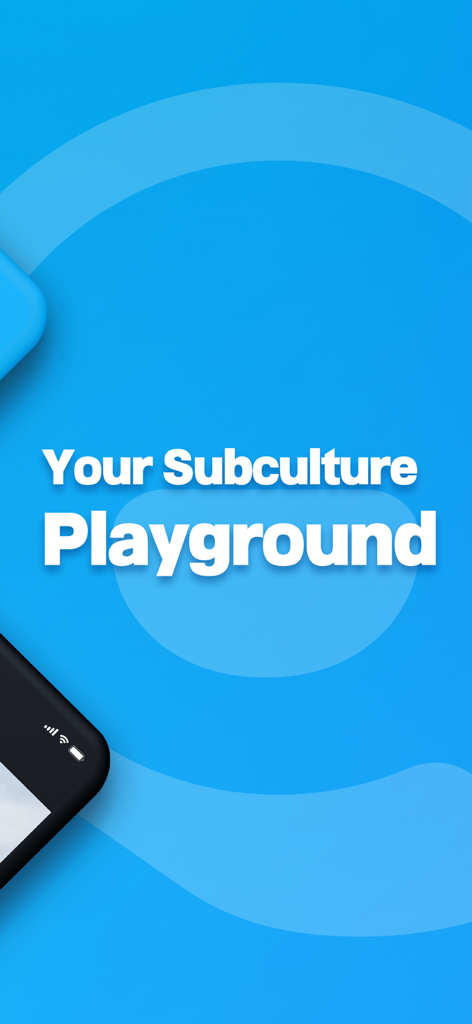 R-PLAY - Introductory screen for the R-PLAY app featuring the tagline Your Subculture Playground on a blue background.