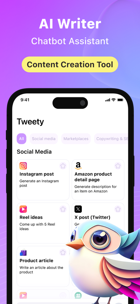Tweety: AI Content Writer Tool - Interfaz de la aplicación Tweety AI content writer que muestra plantillas para publicaciones de Instagram, Reels y páginas de productos de Amazon