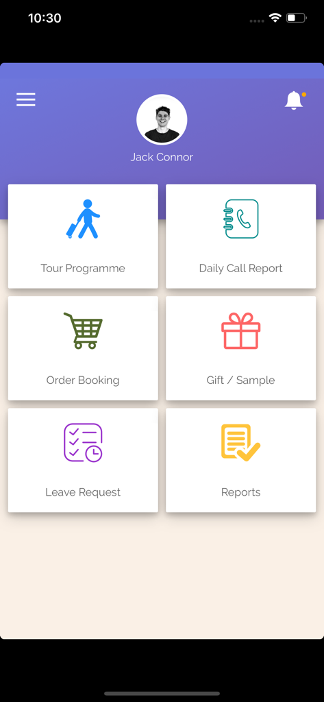 투어 프로그램 일일 방문 보고서 주문 예약 선물 샘플 휴가 신청 및 보고서 아이콘을 보여주는 Salestrip SFA 앱 홈 화면 대시보드