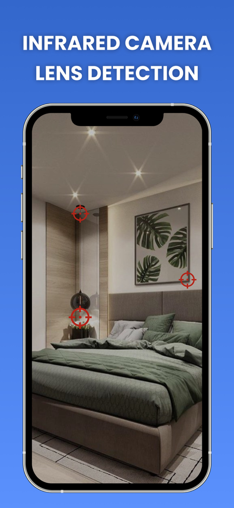 Hidden Camera Detector - Interfaz de la aplicación Hidden Camera Detector mostrando un escaneo infrarrojo de lentes en una habitación en busca de cámaras secretas.