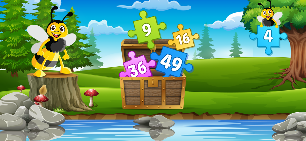 Jigsaw : Kids Puzzle Games - Interfaz del juego de rompecabezas para niños con piezas numeradas y personajes de abejas de dibujos animados en un entorno de bosque