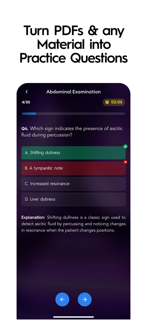 ExamCrush mobile interface showing a multiple-choice practice question created from PDF material.