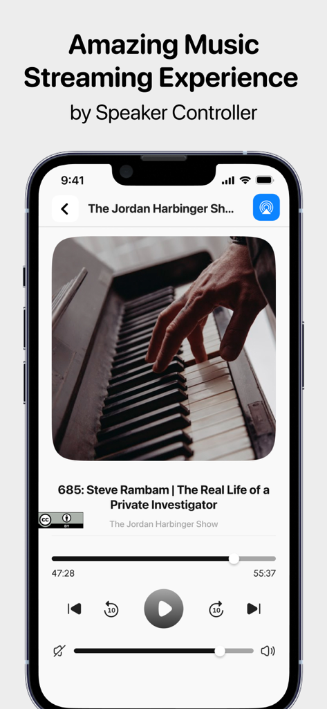 S1 & S2 Controller for Sonos - Interfaz de la aplicación controladora S1 y S2 de Sonos reproduciendo un podcast en un iPhone