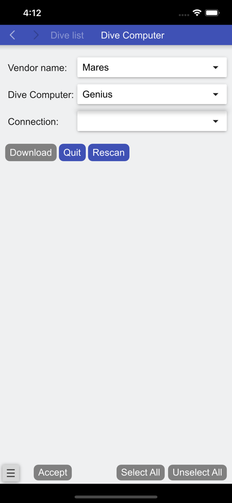 Subsurface-mobile - Subsurface-mobileでダイビングコンピュータからデータを接続およびダウンロードするためのインターフェース