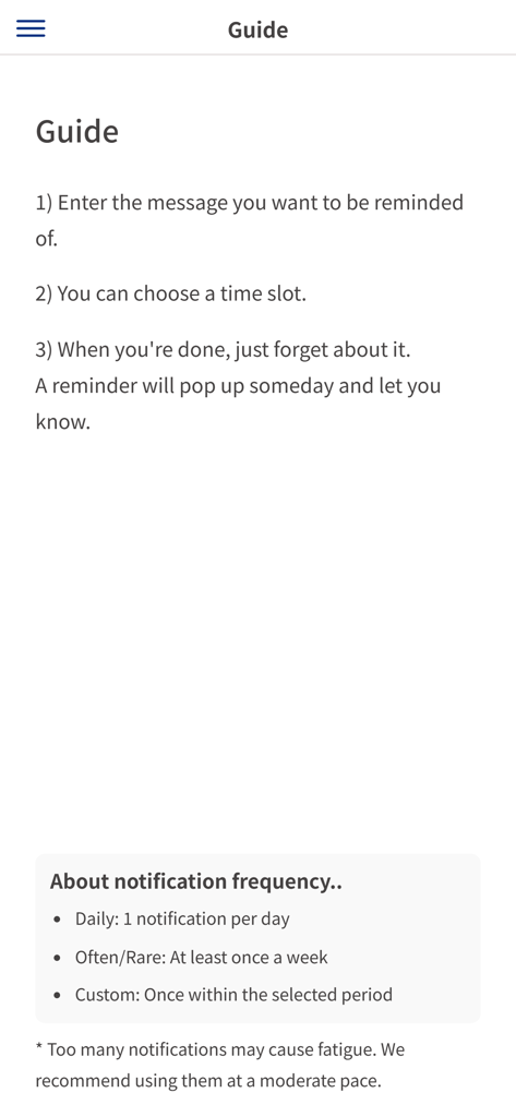 Sudden Reminder - A guide screen for the Sudden Reminder app explaining how to set up messages and choose notification frequencies for unexpected self-reminders.