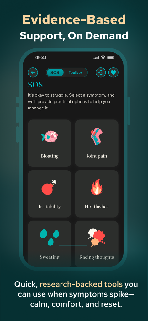Belle : Period & PMDD Tracker - Belle app SOS relief toolbox screen displaying icons for managing symptoms like bloating irritability and racing thoughts