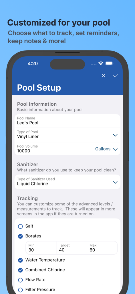 Pool Math by TroubleFreePool - Screenshot of the Pool Math app showing the customized pool setup and tracking options interface